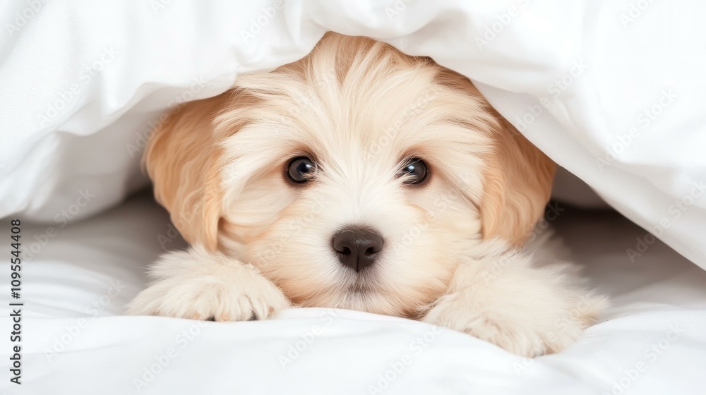 An adorable young white puppy with gentle eyes peeks out from soft sheets, capturing a cozy and sweet moment. An adorable young white puppy with gentle eyes peeks out from soft sheets, capturing a cozy and sweet moment.