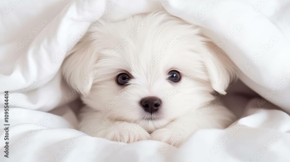 A charming white puppy with soft eyes peeks out from cozy sheets, radiating warmth and innocenceperfect for pet enthusiasts. A charming white puppy with soft eyes peeks out from cozy sheets, radiating warmth and innocenceperfect for pet enthusiasts.