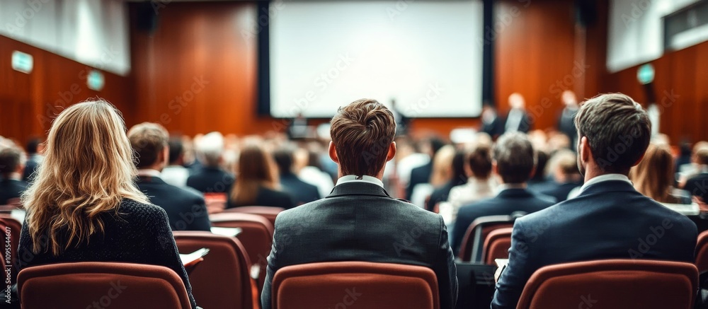 Business Speaker Presenting at Conference Event in Modern Setting with Engaged Audience Focused on Lecture Business Speaker Presenting at Conference Event in Modern Setting with Engaged Audience Focused on Lecture