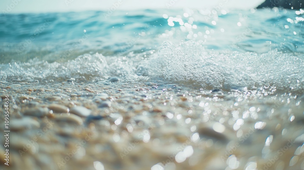 A mesmerizing timelapse of shifting tides on a tranquil beach, featuring a soft, defocused background that enhances the scene.