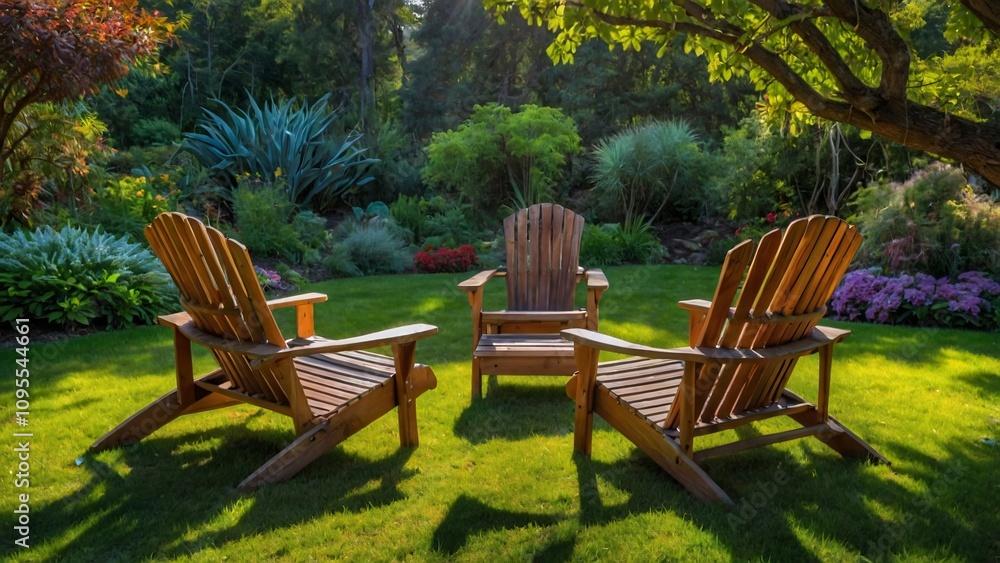 A serene garden setting with wooden chairs surrounded by lush greenery and colorful flowers. A serene garden setting with wooden chairs surrounded by lush greenery and colorful flowers.