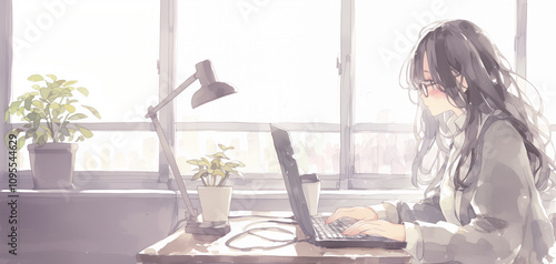 在宅ワークをする女性。イラスト。水彩画。アニメ。バナー背景。