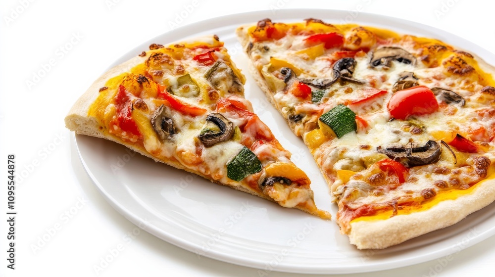 A delicious plate of veggie pizza with a variety of roasted vegetables and melted cheese on a crispy crust, Each slice's colorful toppings and cheesy goodness showcased A delicious plate of veggie pizza with a variety of roasted vegetables and melted cheese on a crispy crust, Each slice's colorful toppings and cheesy goodness showcased