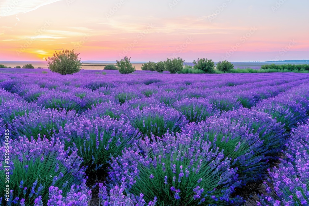 Fototapeta premium Beautiful lavender sunset over floral meadow with moody sky.