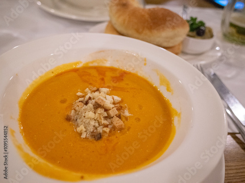 lentil soup on the table in tatar restaurant in capital kyiv photo