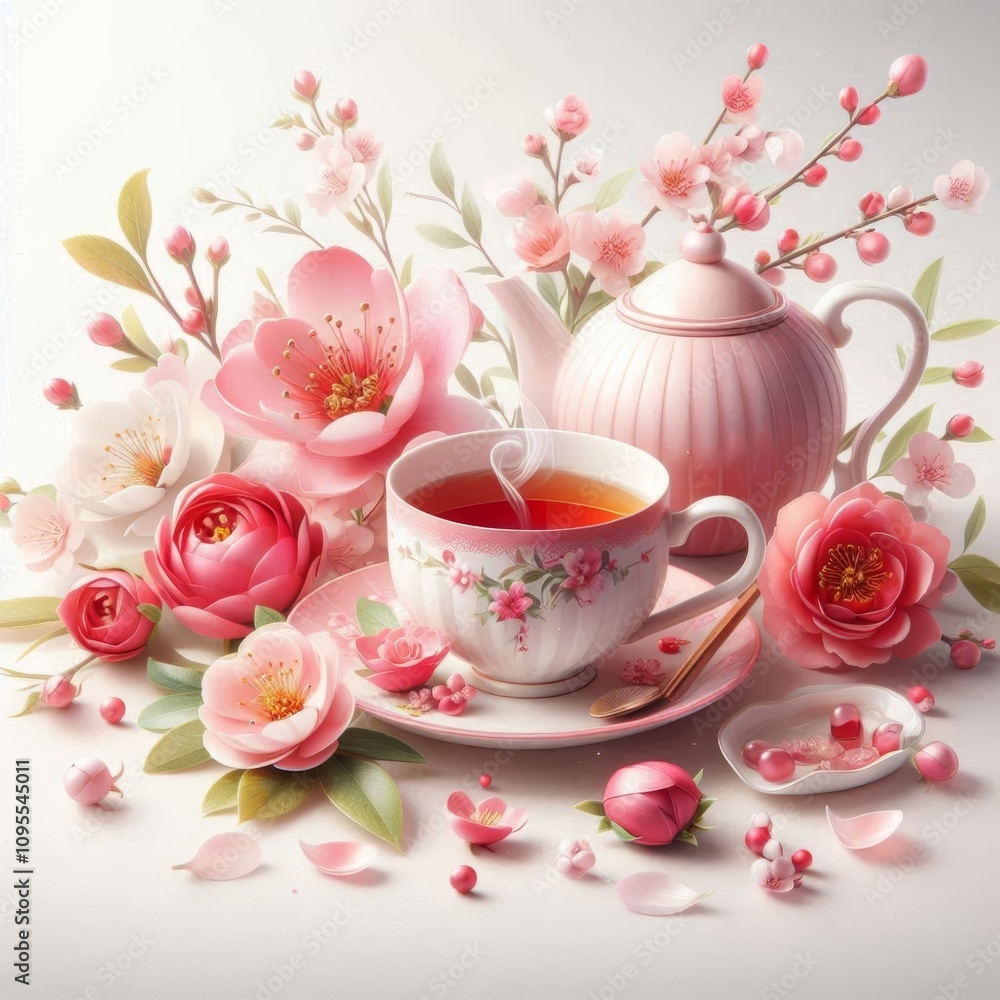 Mother's Day celebration with a pink and red tea cup, spring flowers, and a white background. Mother's Day celebration with a pink and red tea cup, spring flowers, and a white background.