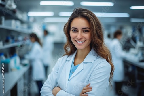 Smiling Young Woman Scientist in Modern Laboratory with Team of Medical Specialists