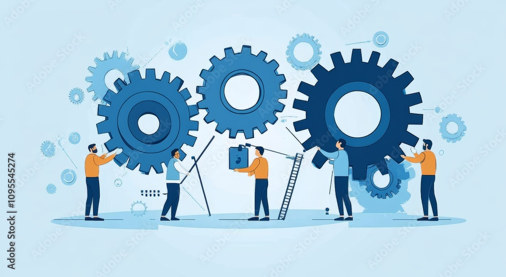 Teamwork Collaboration Business Process Teamwork Concept with Diverse Men and Gears Teamwork Collaboration Business Process Teamwork Concept with Diverse Men and Gears