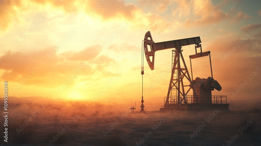 Oil pump jack in a remote oil field, moving arm, dusty environment, realistic weathering, sunset lighting Oil pump jack in a remote oil field, moving arm, dusty environment, realistic weathering, sunset lighting