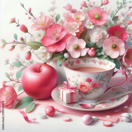 Mother's Day celebration with a pink and red tea cup, spring flowers, and a white background.