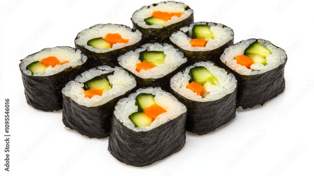A delicious plate of veggie sushi rolls with avocado, cucumber, and carrot wrapped in seaweed and rice A delicious plate of veggie sushi rolls with avocado, cucumber, and carrot wrapped in seaweed and rice