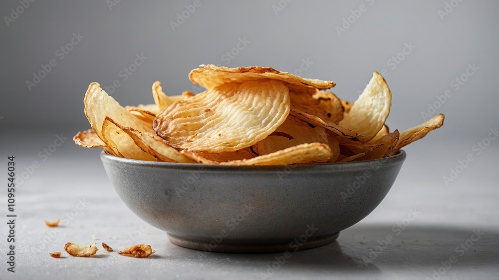 Crispy potato chips on a plate on a white background - generative ai Crispy potato chips on a plate on a white background - generative ai