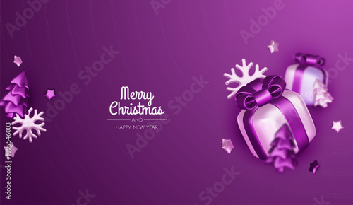 Happy New Year and Merry Christmas. Christmas holiday background with realistic 3d objects, bauble balls, conical metal stars. Levitation falling design composition.