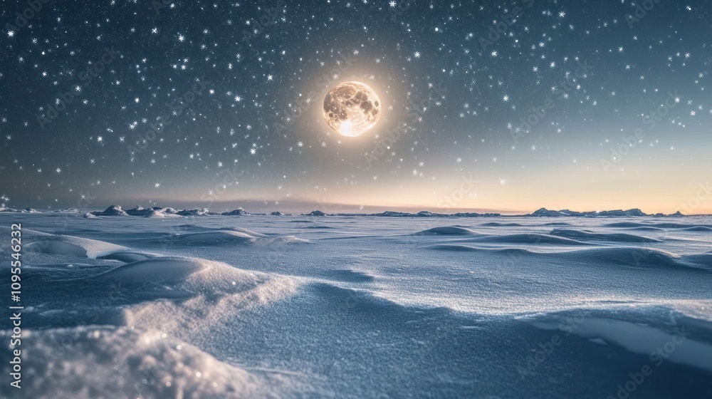 Naklejka premium A serene winter landscape under a glowing moon and falling snowflakes.