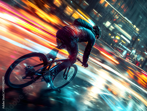 Cyclist: A biker speeding through city streets, vivid motion trails behind