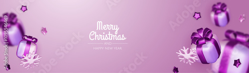 Happy New Year and Merry Christmas. Christmas holiday background with realistic 3d objects, bauble balls, conical metal stars. Levitation falling design composition.