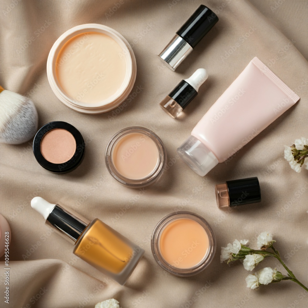 Elegant flat lay of luxury beauty products with a soft fabric background Elegant flat lay of luxury beauty products with a soft fabric background