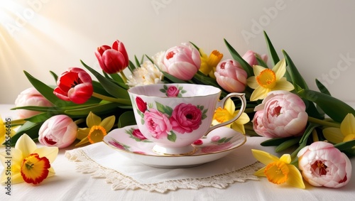 Mother's Day celebration with a pink and red tea cup, spring flowers, and a white background. photo