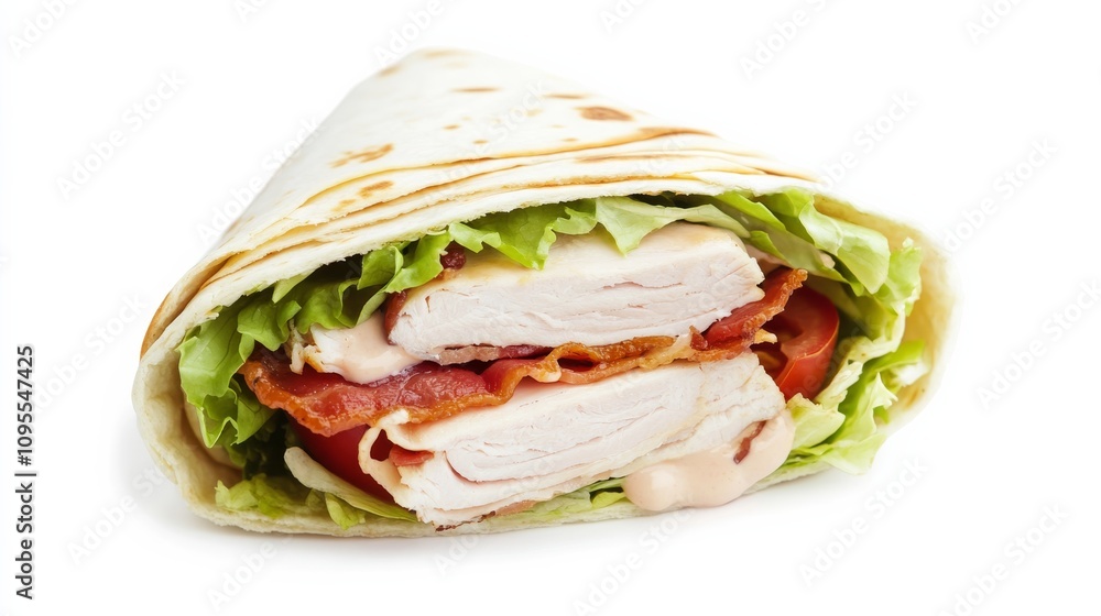 Obraz premium A delicious turkey club wrap with sliced turkey, crispy bacon, lettuce