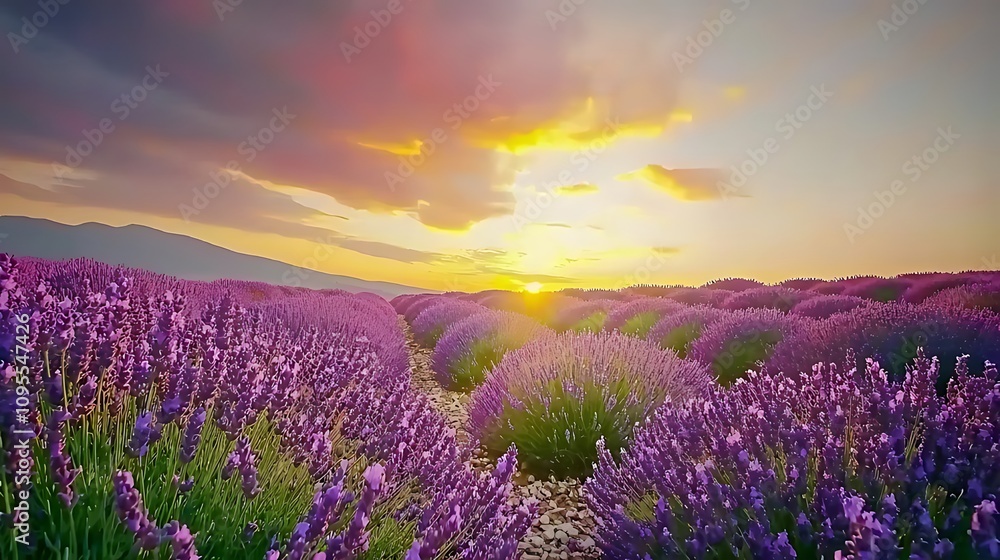 Lavender field at sunrise with a bright yellow sky. Lavender field at sunrise with a bright yellow sky.
