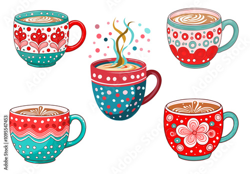 Whimsical set of ceramic holiday mugs of hot chocolate or coffee in red, pink and turquoise for Christmas or Valentines Day, hygge warm feeling.
