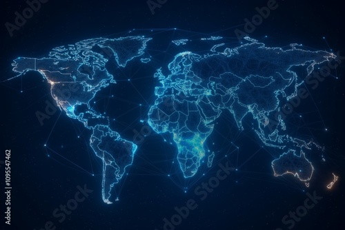 Global digital map with interconnected networks and glowing blue connections. Abstract representation of worldwide connectivity and technological communication