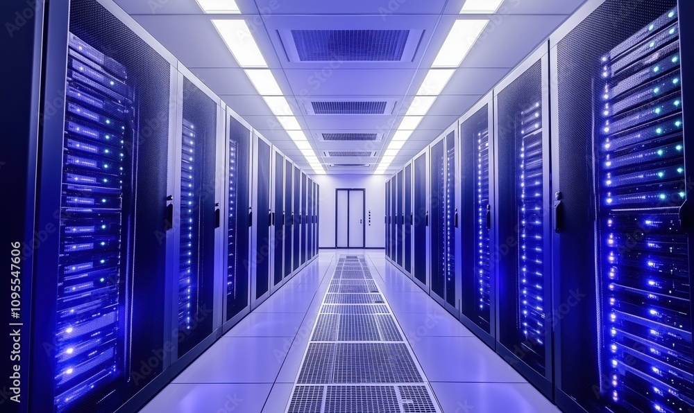 Data center with illuminated server racks, modern technology, high-tech environment, cool blue lighting, organized layout Data center with illuminated server racks, modern technology, high-tech environment, cool blue lighting, organized layout