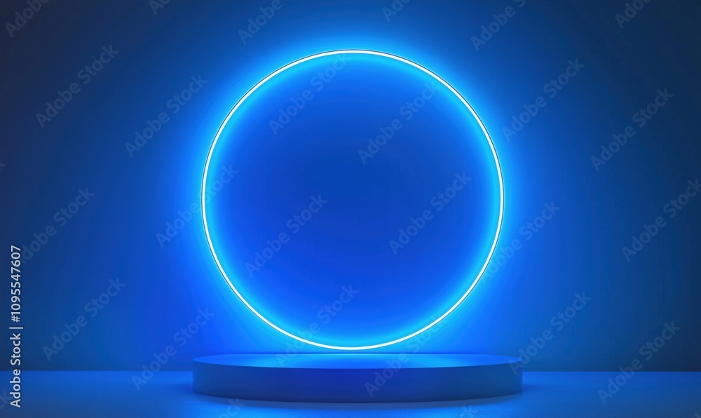 Blue neon circle display, glowing circular light against dark background, minimalistic design, modern aesthetic, futuristic ambiance Blue neon circle display, glowing circular light against dark background, minimalistic design, modern aesthetic, futuristic ambiance