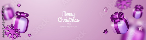 Happy New Year and Merry Christmas. Christmas holiday background with realistic 3d objects, violet and white bauble balls, conical metal stars, gift. Levitation falling design composition.