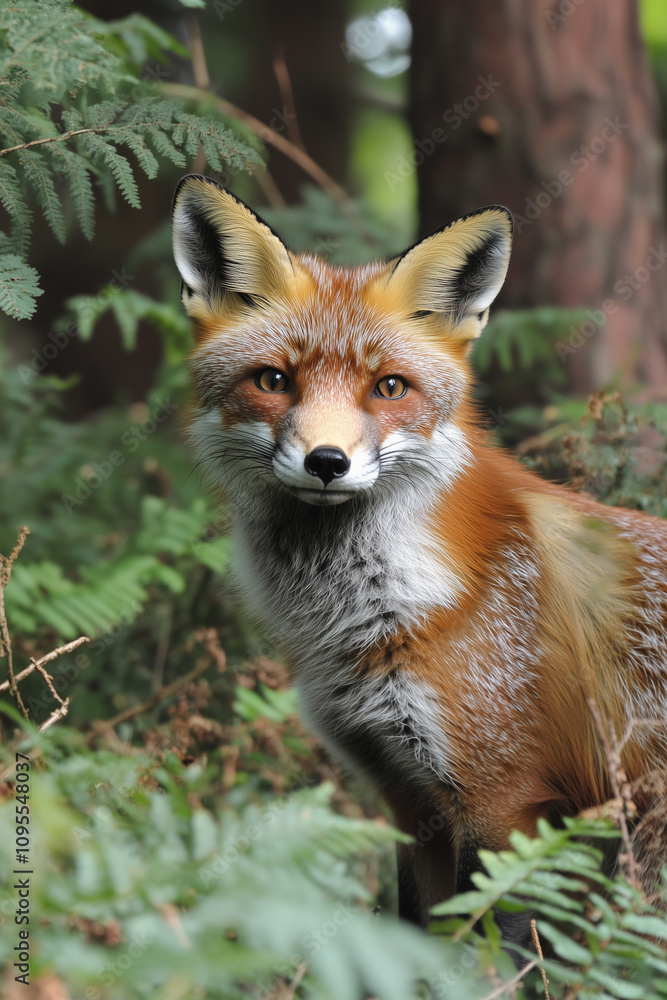 Naklejka premium Red fox in summer in the forest with space for text