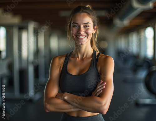 in the GYM, a woman dressed sportswear, arms crossed, smiling