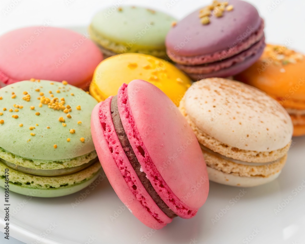 Colorful French macarons arranged on a clean white surface. Great for dessert menus, bakeries, or celebratory themes Colorful French macarons arranged on a clean white surface. Great for dessert menus, bakeries, or celebratory themes
