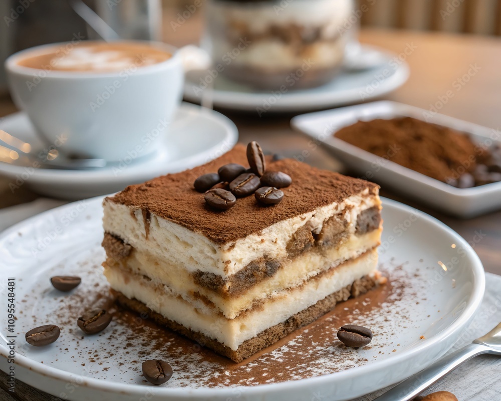Classic Italian tiramisu dessert garnished with cocoa powder, served on a white plate. Ideal for coffee shop promotions or dessert advertising Classic Italian tiramisu dessert garnished with cocoa powder, served on a white plate. Ideal for coffee shop promotions or dessert advertising