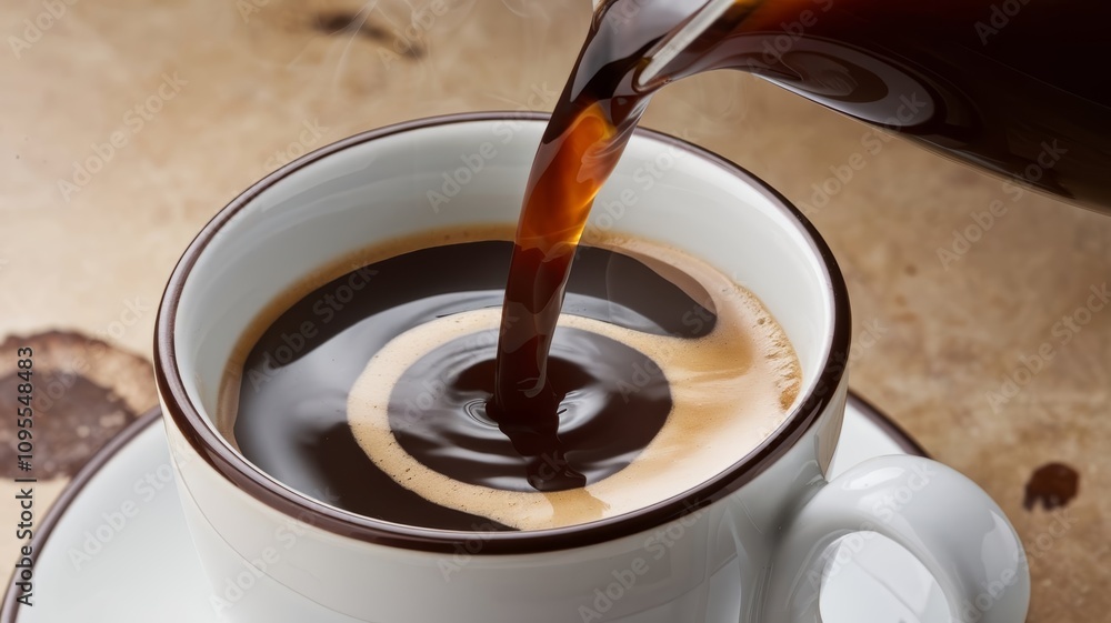 Pouring coffee, creating a splash surrounded by scattered coffee beans. Pouring coffee, creating a splash surrounded by scattered coffee beans.