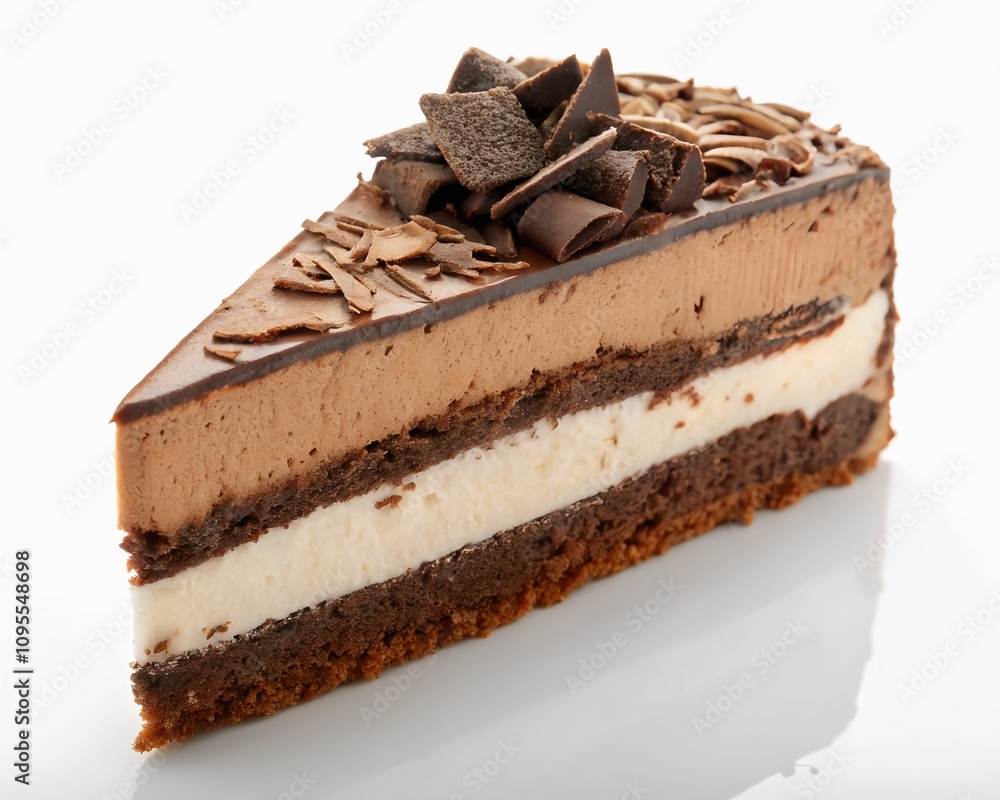 A slice of rich chocolate mousse cake, garnished with chocolate shavings. A decadent treat for dessert lovers
