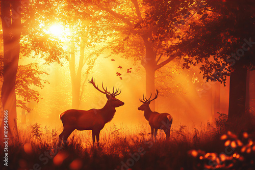 Majestic deers at sunrise in serene mountain landscape with fog, perfect for nature, wildlife, and outdoor themes photo