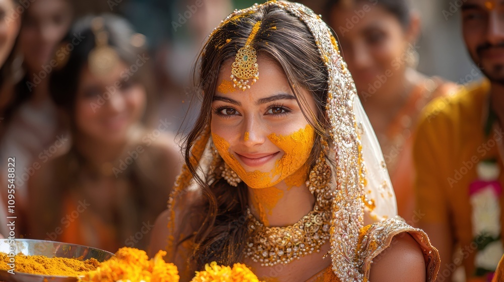 Young woman celebrating traditional festival with vibrant colors and joyful expressions, adorned in ethnic attire, surrounded by friends at an outdoor gathering Young woman celebrating traditional festival with vibrant colors and joyful expressions, adorned in ethnic attire, surrounded by friends at an outdoor gathering