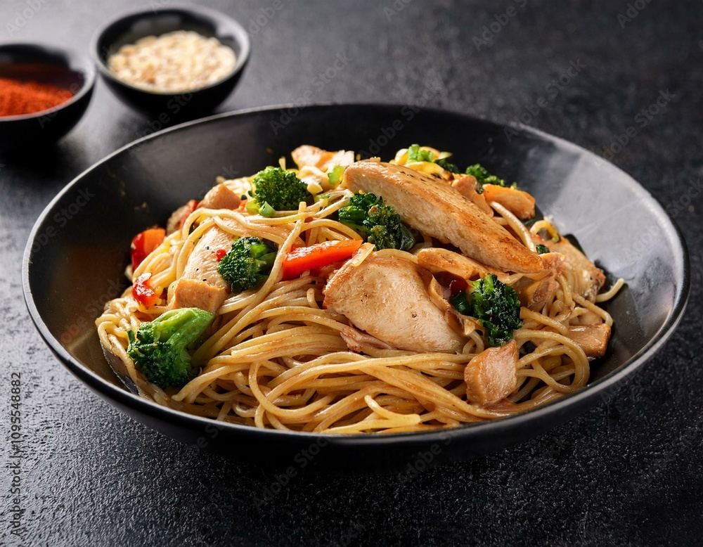 Stir Fry spaghetti with chicken and hearbs in black bowl Stir Fry spaghetti with chicken and hearbs in black bowl
