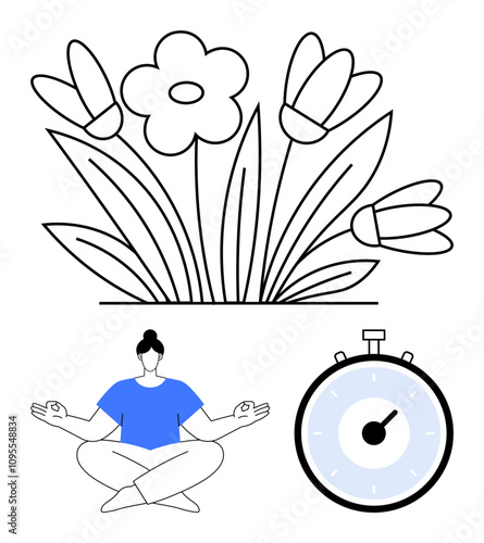 Blooming flowers meditating woman in lotus pose timing clock. Ideal for mindfulness meditation, relaxation, patience, calm, focus, nature. Balanced life through nature and time. Line metaphor