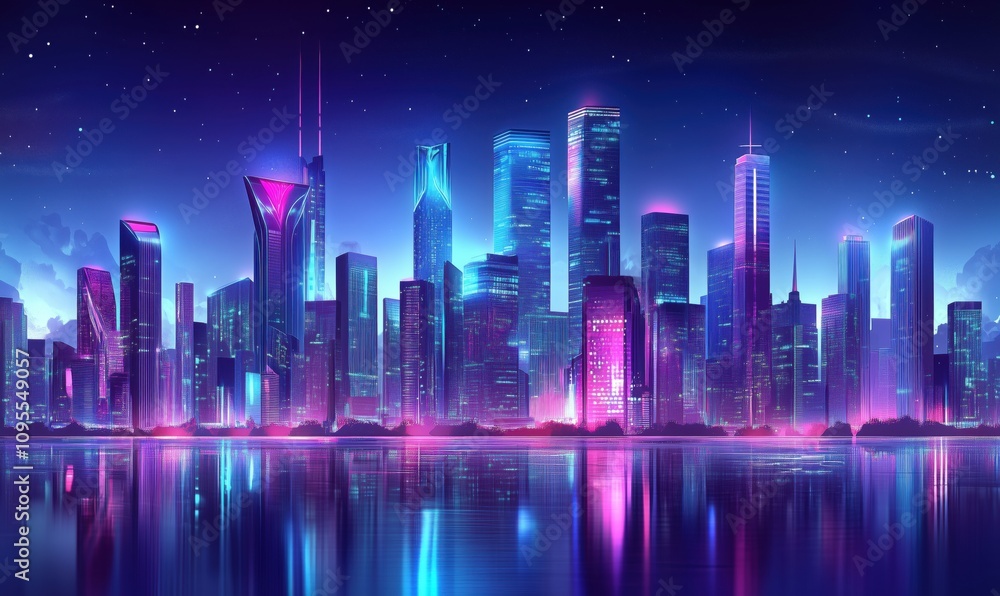 Futuristic city skyline at night, vibrant neon lights reflecting on water, modern architecture, starry sky, serene atmosphere Futuristic city skyline at night, vibrant neon lights reflecting on water, modern architecture, starry sky, serene atmosphere