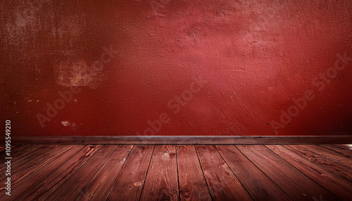 grungy, aged red concrete wall with a horizontal line separating it from a wooden floor. perfect for interior. room backdrop for products displayed. empty brown room with walnut wood floor. photo