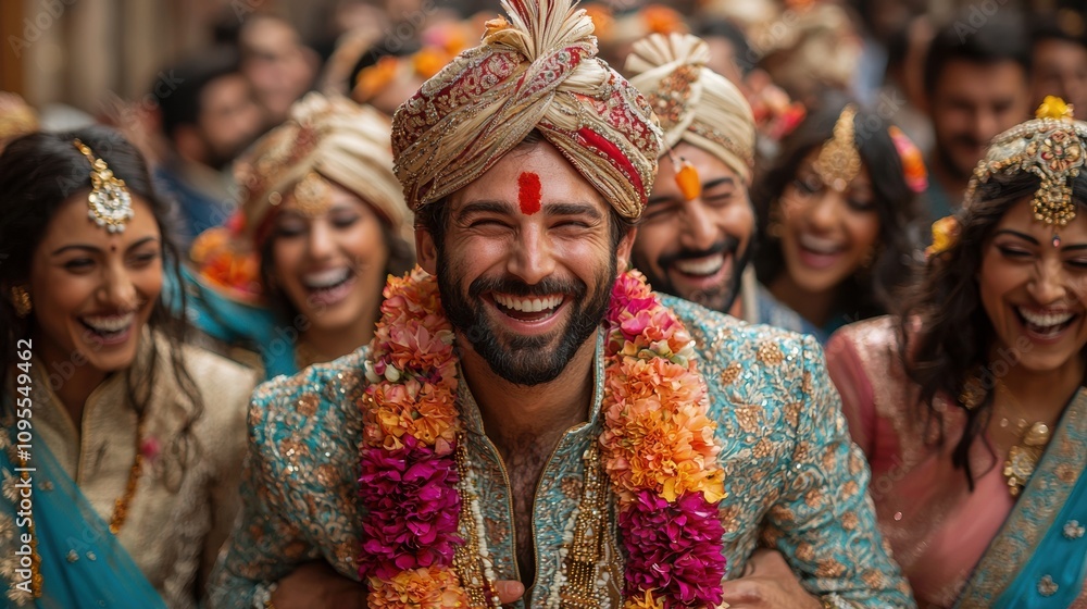 Joyful Celebration of Culture and Tradition with Smiling People in Colorful Attire Surrounded by Flowers at an Indian Wedding Festivity Joyful Celebration of Culture and Tradition with Smiling People in Colorful Attire Surrounded by Flowers at an Indian Wedding Festivity