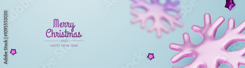 Happy New Year and Merry Christmas. Christmas holiday background with realistic 3d objects, bauble balls, conical metal stars. Levitation falling design composition.