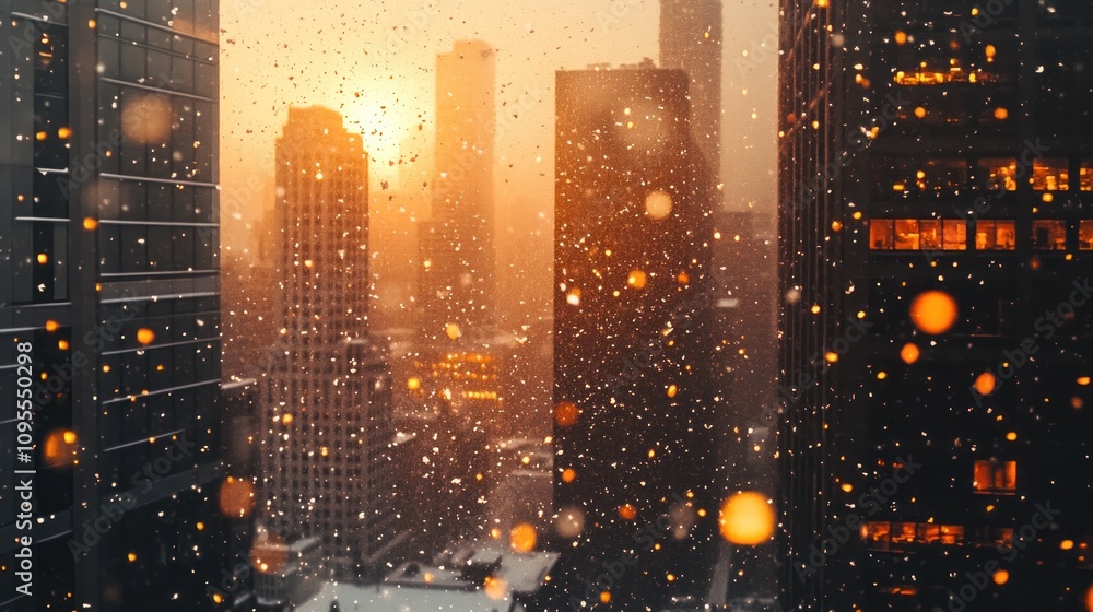 Fototapeta premium A snowy cityscape at sunset, capturing a serene urban atmosphere.