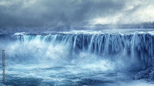 A powerful waterfall cascading into a turbulent river, surrounded by a misty atmosphere.