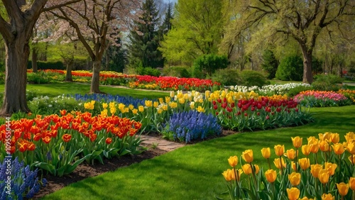 A vibrant garden filled with colorful tulips and flowers, showcasing nature's beauty.