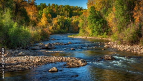 A serene river winding through a vibrant autumn landscape with colorful foliage.