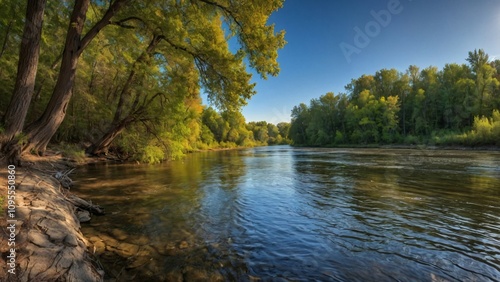 A serene river scene surrounded by lush greenery under a clear blue sky.