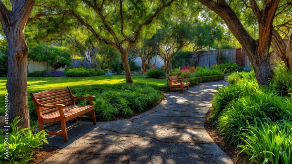 A serene garden pathway with benches surrounded by lush greenery and vibrant flowers. A serene garden pathway with benches surrounded by lush greenery and vibrant flowers.