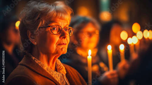 Elderly woman holding a candle in a church illuminated by warm, glowing light, with a peaceful and contemplative expression. Ideal for Christmas backgrounds with copy space and religious themes photo